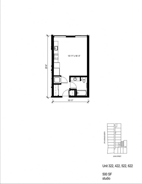 Floor plan for studio, 1 bath, 500 sqft